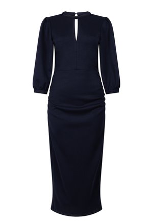 Marineblauwe midi-jurk met lange, poffende mouwen, een getailleerde taille en een kleine uitsnijding in de hals aan de voorkant.