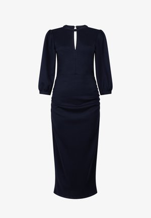 Marineblauwe midi-jurk met lange, poffende mouwen, een getailleerde taille en een kleine uitsnijding in de hals aan de voorkant.