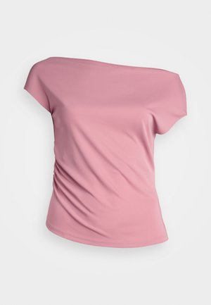 Pink off-the-shoulder top made of smooth fabric, featuring gathered detailing on the side and a relaxed fit with short sleeves.