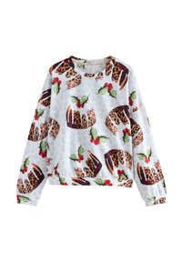 Witte sweatshirt met een herhaald patroon van luipaardprint-puddinkjes en hulstbladeren. Lange mouwen en een ronde hals.