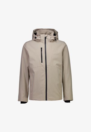 Beige wasserdichte Jacke mit Kapuze, Frontreißverschluss und schwarzen Reißverschlussakzenten. Verfügt über lange Ärmel und eine glatte, matte Oberfläche.