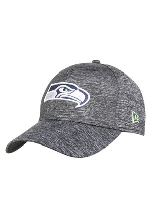Grå tekstureret baseballkasket med Seattle Seahawks-logo foran og grønt broderet New Era-logo på siden.