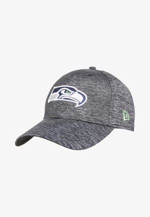 Graue strukturierte Baseballkappe mit Seattle Seahawks Logo vorne und grün besticktem New Era Logo an der Seite.