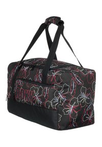 Black duffel bag with red and white floral pattern. Features dual carrying straps and a zipper pocket on the front for additional storage.