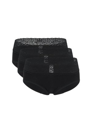 Schwarzes Baumwollunterwäsche-Set mit einem Spitzenbund. Das Design umfasst eine gewellte Kante mit floralen Mustern, drei übereinander gestapelt.