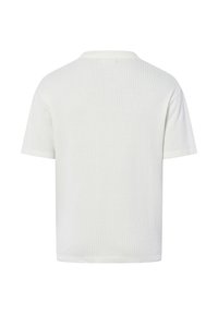 Weißes, geripptes T-Shirt mit kurzen Ärmeln und rundem Halsausschnitt, aus einem weichen Material und mit bequemer Passform. Keine sichtbaren Marken oder Grafiken.