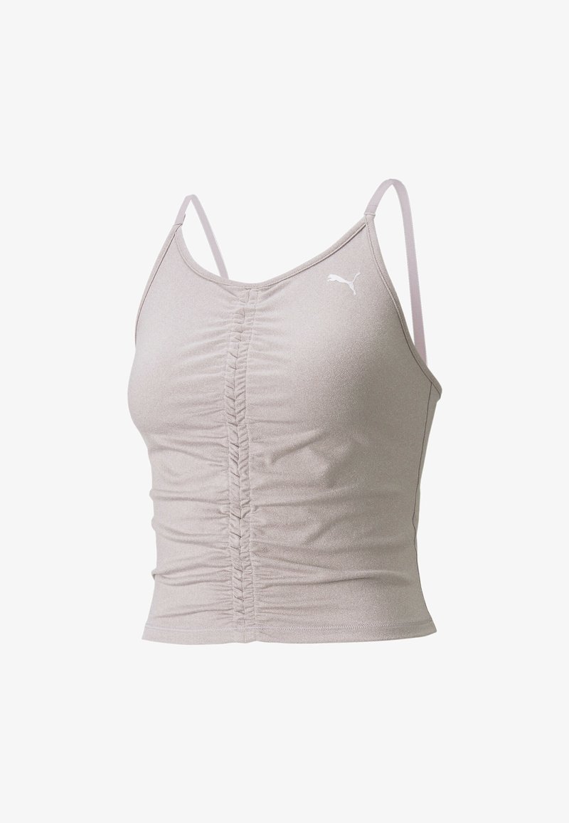Jasno beżowy top krótki z marszczeniami, z cienkimi regulowanymi ramiączkami i małym białym logo Pumy na lewej piersi.