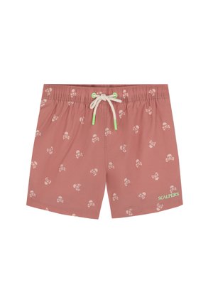 Bañador corto rosa con un patrón repetido de calaveras y huesos cruzados, cinturilla elástica con un cordón blanco y acento de logo verde.