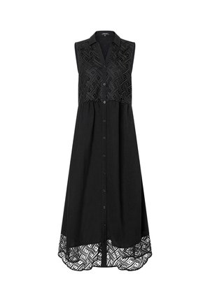 Zwart mouwloos jurkje met een knopenrij aan de voorkant, kantdetails aan de zoom en een met textuur bedekte lijfje. De stof lijkt lichtgewicht en vloeiend.