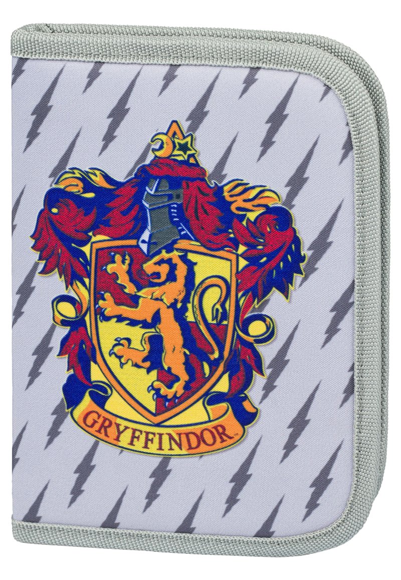 Gryffindor-inspirierte Reißverschlusstasche aus grauem Stoff mit Blitzmustern. Mit einem bunten Löwenwappen in kräftigen Farben und detaillierten Akzenten.