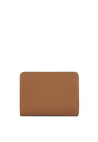 Portafoglio in pelle marrone con una texture liscia e angoli arrotondati. Presenta cuciture visibili di un colore giallo-oro a contrasto.