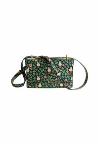 Black floral crossbody bag featuring white bunnies, with a gold hardware accent and adjustable strap, made from textured fabric.