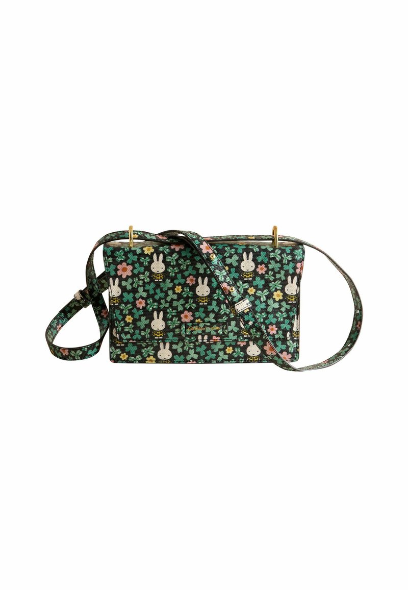Black floral crossbody bag featuring white bunnies, with a gold hardware accent and adjustable strap, made from textured fabric.
