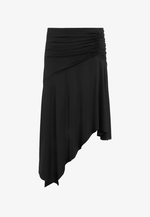 Gonna nera asimmetrica con dettagli arricciati sulla vita, realizzata in tessuto morbido. Presenta una silhouette fluida e una caduta morbida.