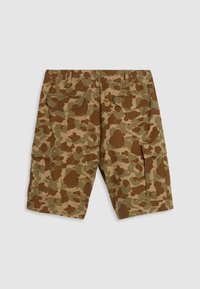 Camo cargo shorts, featuring a mix of green and brown splotches, made of fabric with a smooth texture, with two back pockets and side pockets.