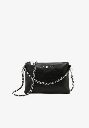 Black leather clutch bag with silver chain shoulder strap, featuring a star accent and small studs along the top for detail.