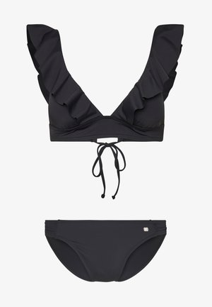 Zwart bikini set met een ruffle bralette met een V-hals en striksluiting. De onderkant heeft plooidetails en een klein metalen accent.