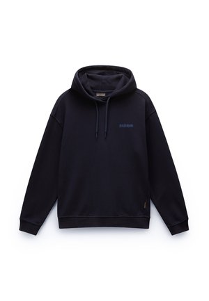 Navy sininen huppari puuvillasekoitteesta, jossa on etutasku, ribbineuleiset hihansuut ja kirjailtua logotietoa rinnassa. Silkkinen rakenne.