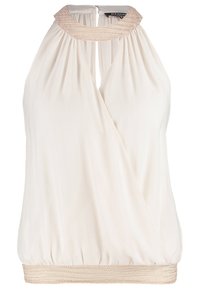 Haut à licou en tissu crème avec un col et un ourlet tressés beiges. Présente des fronces pour une coupe ample et une texture douce.