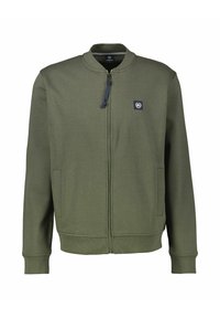 Olive green zip-up jacket with a stand collar, two side pockets, and a small logo patch on the left chest. The fabric appears smooth and soft.