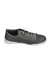Gray leather shoe with a smooth texture, featuring white rubber sole, round toe, and silver laces threaded through metal eyelets.