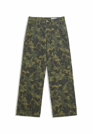 Camo wide-leg trousers in dark green and olive, featuring a leaf pattern. Made of cotton with a classic five-pocket design and button closure.