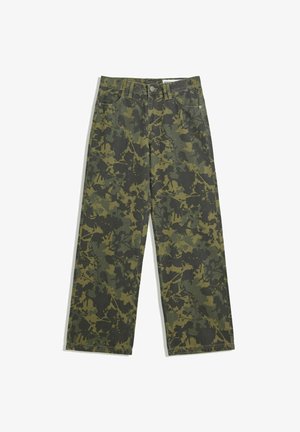 Camo wide-leg trousers in dark green and olive, featuring a leaf pattern. Made of cotton with a classic five-pocket design and button closure.