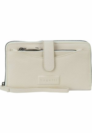 Cremefarbene Lederbörse mit strukturiertem Finish, ausgestattet mit einem Reißverschluss, Vordertasche, Tragegriff und eingeprägt Logo.