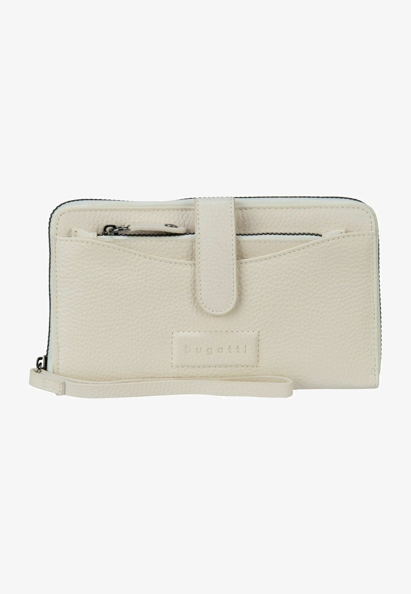 Cartera de cuero color crema con acabado texturizado, que cuenta con cierre de cremallera, bolsillo frontal, correa y logo grabado.