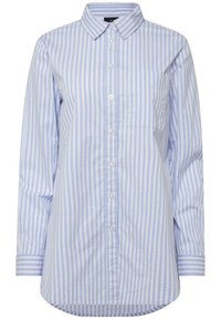 Camisa de botones a rayas en azul claro y blanco, con cuello, bolsillo frontal y mangas largas con detalle en los puños. Tejido de algodón.