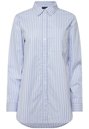 Camicia a righe azzurro chiaro e bianca, con colletto, taschino frontale e maniche lunghe con dettagli ai polsini. Tessuto di cotone.