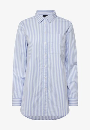 Gestreiftes Button-Down-Hemd in Hellblau und Weiß, mit Kragen, Brusttasche und langen Ärmeln mit Manschettendetail. Baumwollstoff.