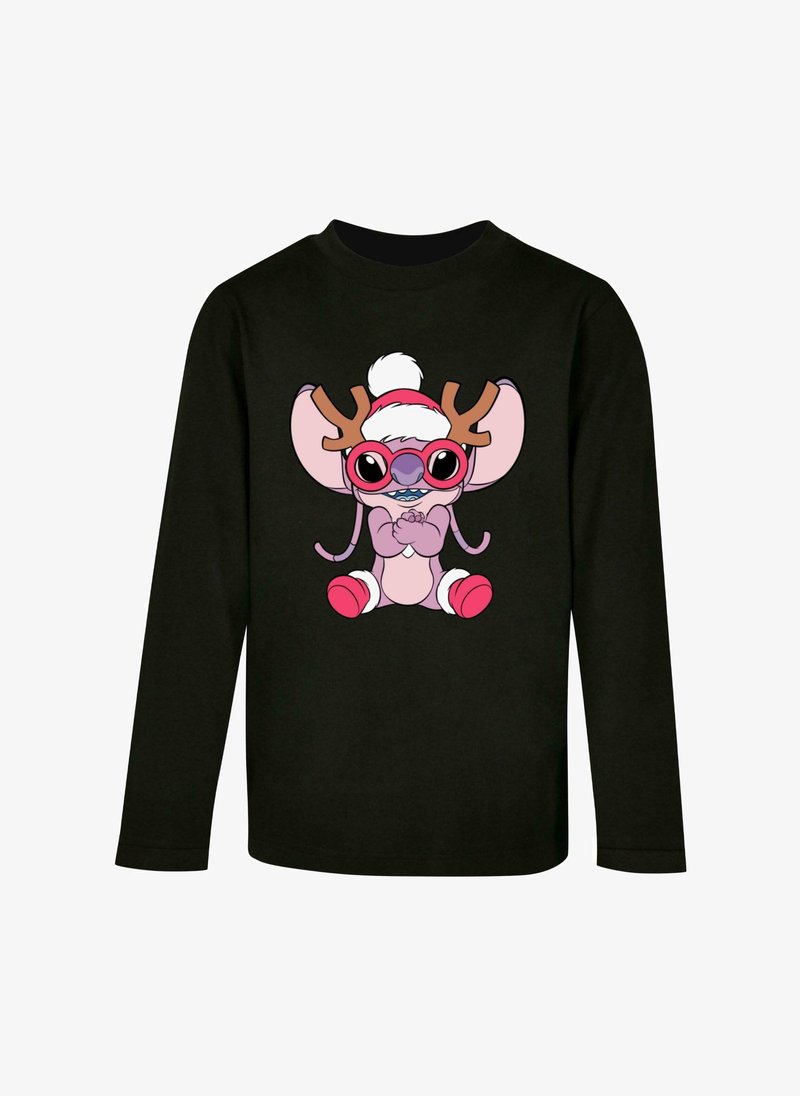 Black long-sleeve shirt featuring a cartoon character with pink skin, red sunglasses, and reindeer antlers, set against a solid background.