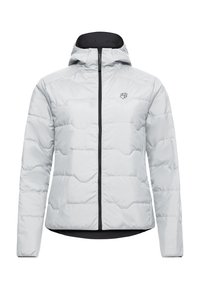 Light gray padded jacket with hood, full front zipper, and small black logo on the left chest.
