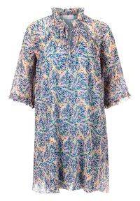 Floral-print dress with a ruffled neckline, long sleeves, lightweight fabric, and pleated texture in pastel shades of blue, pink, and yellow.