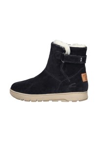 Navy suede ankle boot with faux fur lining, flat beige rubber sole, adjustable strap, and contrasting stitching detail.