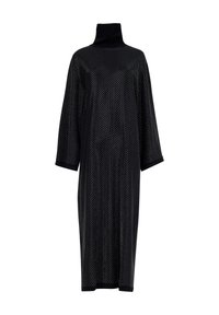 Vestido negro oversized con un cuello alto, que presenta un patrón de malla texturizada y mangas sueltas y anchas. Tejido suave y fluido.
