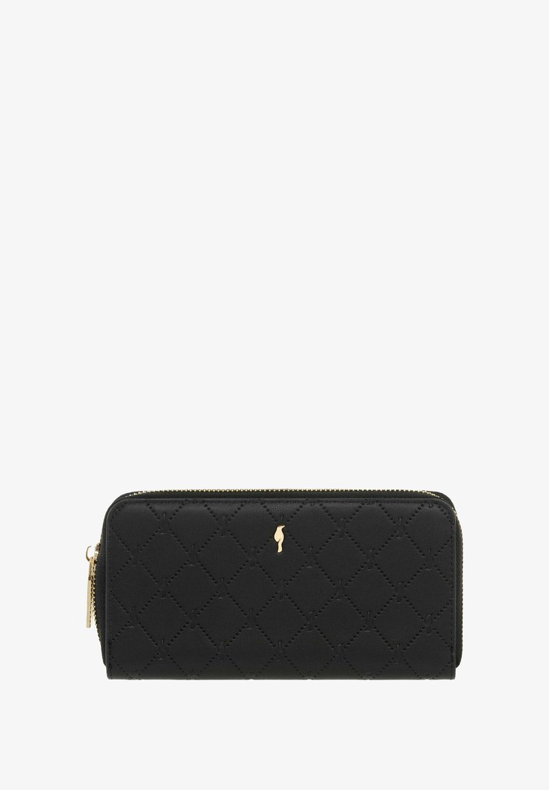 Czarny skórzany portfel z pikowanym wzorem w diamenty, złotym suwakiem oraz małym złotym logo na przodzie.