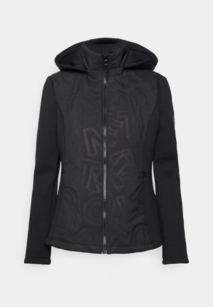 Zwarte jas met ritssluiting en capuchon, lange mouwen, subtiele gestippelde letters op de voorkant en zijzakken met rits.