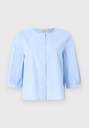 Light blue blouse with subtle white vertical stripes, round neckline, and three-quarter sleeves with gathered cuffs, front concealed placket.