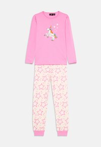 Tricou roz cu mânecă lungă, având un grafic cu un unicorni, asortat cu pantaloni crem cu modele de stele roz. Material moale din bumbac, cu manșete cu dantelă.