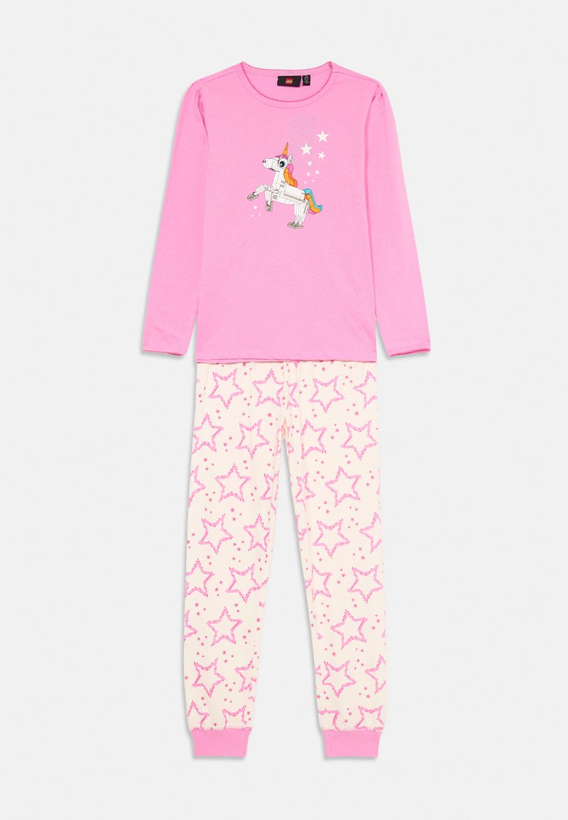 Tricou roz cu mânecă lungă, având un grafic cu un unicorni, asortat cu pantaloni crem cu modele de stele roz. Material moale din bumbac, cu manșete cu dantelă.