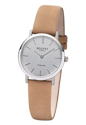 Minimalist silver Regent titanium wristwatch with slim hour markers and tan leather strap showing 10:10 time.