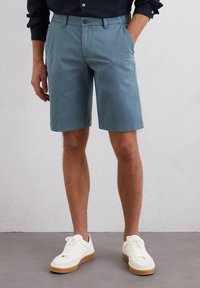 Lichtblauwe katoenen shorts met een rechte snit en knoopsluiting, voorzien van zijzakken en een licht gestructureerde afwerking.