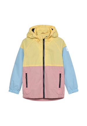 Veste légère à capuche présentant des panneaux jaunes, roses et bleus. Comprend une fermeture éclair frontale et deux poches latérales avec des accents noirs.