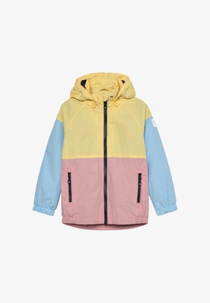 Leichte Kapuzenjacke mit gelben, pinken und blauen Einsätzen. Mit frontalem Reißverschluss und zwei Seitentaschen mit schwarzen Akzenten.