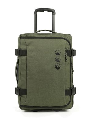 Valigia morbida verde oliva con manico telescopico, maniglie laterali, tasche frontali con cerniera, cinghie di compressione e tre loghi circolari ricamati.