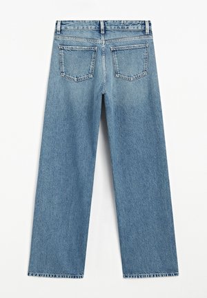 Jeans in denim blu a gamba larga con vita alta, due tasche posteriori e orlo sfrangiato. Tessuto strutturato con finitura sbiadita.