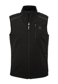 Schwarze Softshell-Weste mit hohem Kragen, Frontreißverschluss, zwei seitlichen Taschen und einer Brusttasche mit Reißverschluss. Mit reflektierenden Akzenten.