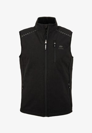 Gilet softshell nero con colletto alto, zip frontale, due tasche laterali e una tasca sul petto con zip. Presenta dettagli riflettenti.